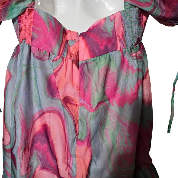 Amanda Uprichard L Women's Puff Sleeve Min Dress Sheer Seike Style Babydoll Boho - Picture 9 of 12